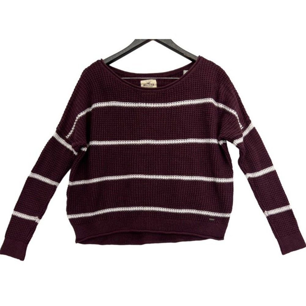 Hollister Womens Cropped Waffle Knit Sweater Size M Maroon White Stripe Stretchy
